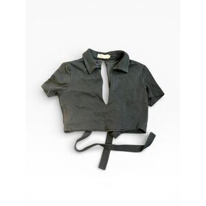 MESHKI Black Deep V-Neck Polo Crop Top Open Back Tie Waist Short Sleeve Large